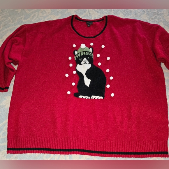 Torrid 5X Pullover Crew Neck Sweater-Holiday Red Cat Poms NWOT, never worn - Picture 2 of 5